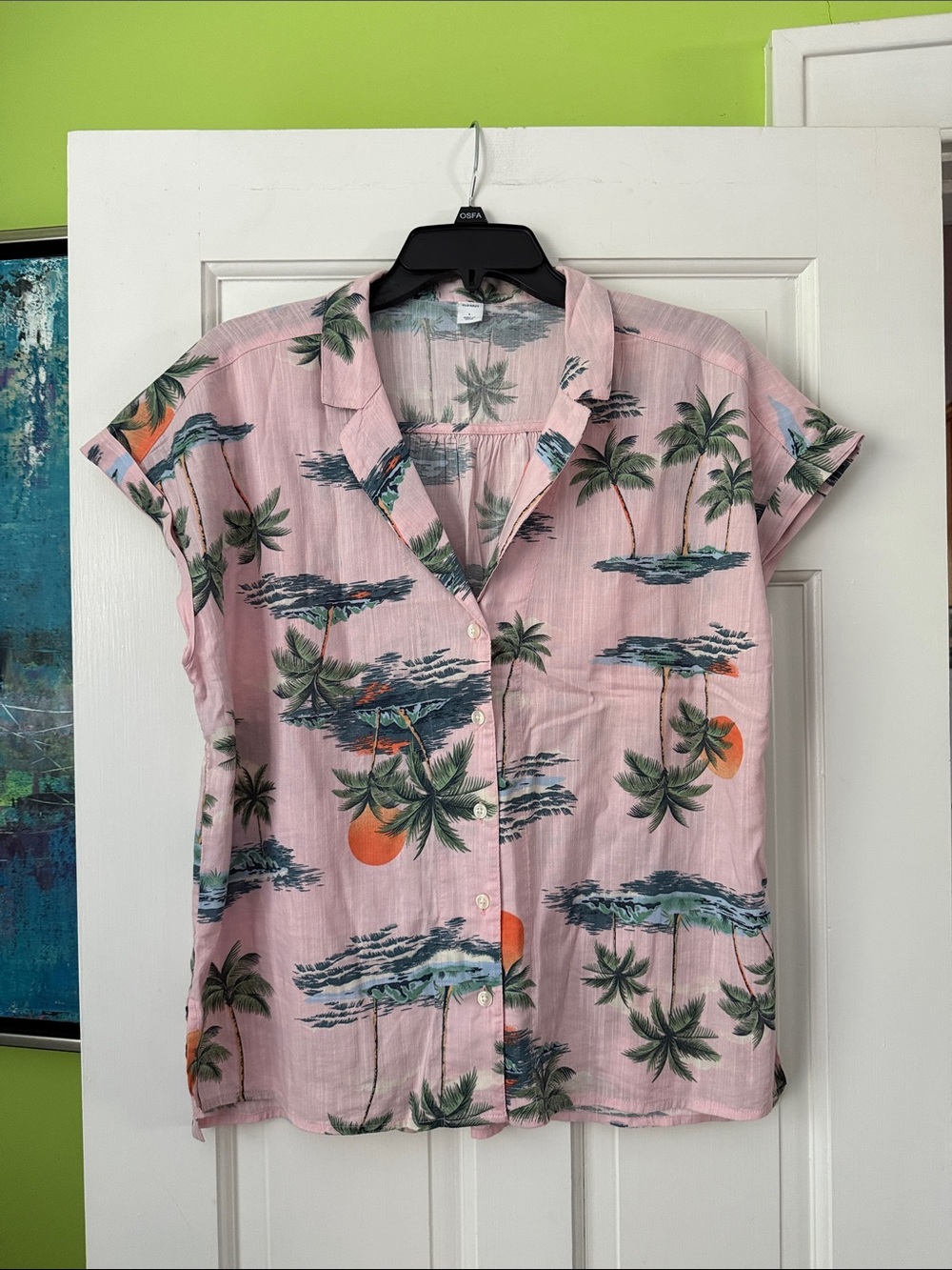 Old Navy Pink Palm Print Button-Down Camp Shirt